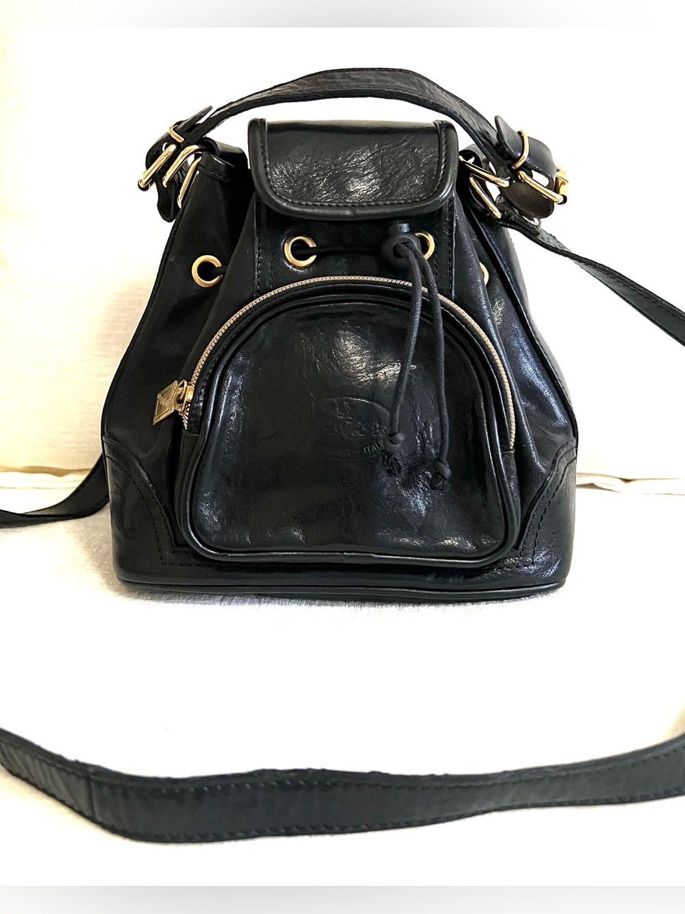 Vintage Italian Black Leather Drawstring Backpack Purse